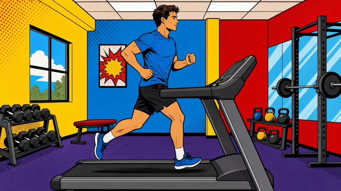 Pop-Art-Comic Person joggt auf Laufband im Fitnessstudio, Bezug Technogym S.p.A
