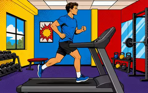 Pop-Art-Comic zeigt eine Person auf Laufband im Fitnessstudio, passend zur Branche von Technogym S.p.A., IT0005162406 - Foto: THN