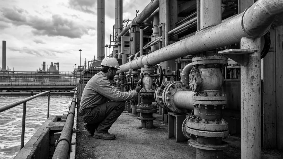Schwarzweißfoto eines Technikers bei Inspektion von Rohrleitungen an Chemieanlage