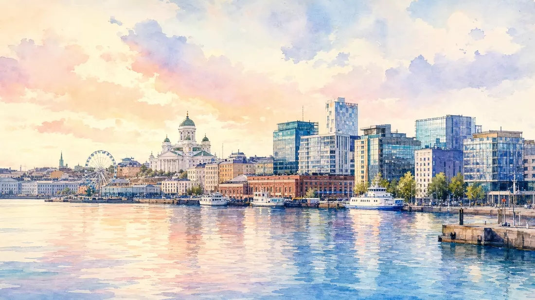 Aquarellmalerei der Helsinki Hafenpromenade mit Kirche, Booten und Bürogebäuden