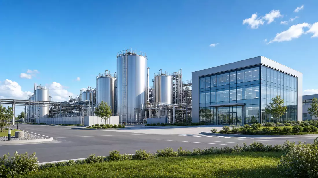 Architektur-Render einer Chemieanlage mit Tanks und Verwaltungsgebäude