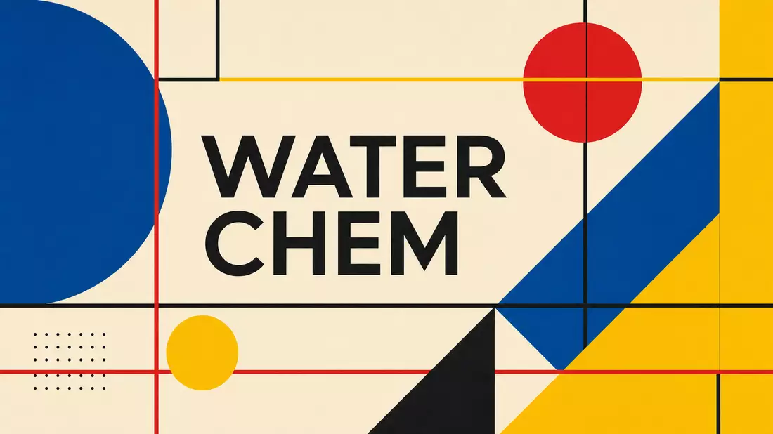 Bauhaus-Poster mit geometrischen Formen und Schriftzug WATER CHEM in kräftigen Farben