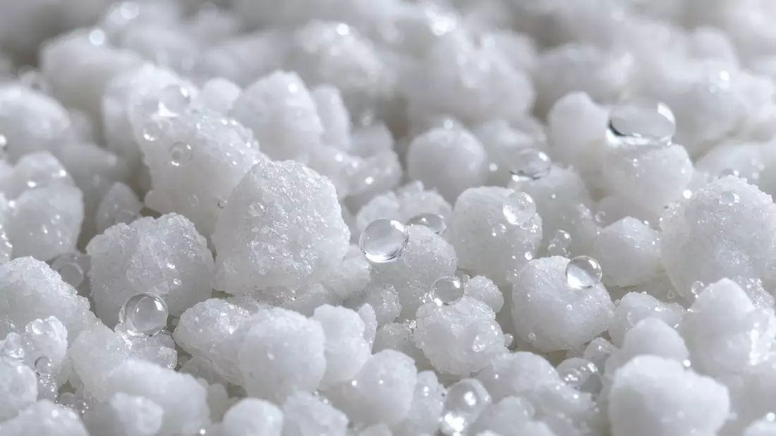 Makroaufnahme weißer Chemiegranulate mit glänzenden Wassertropfen in Nahaufnahme