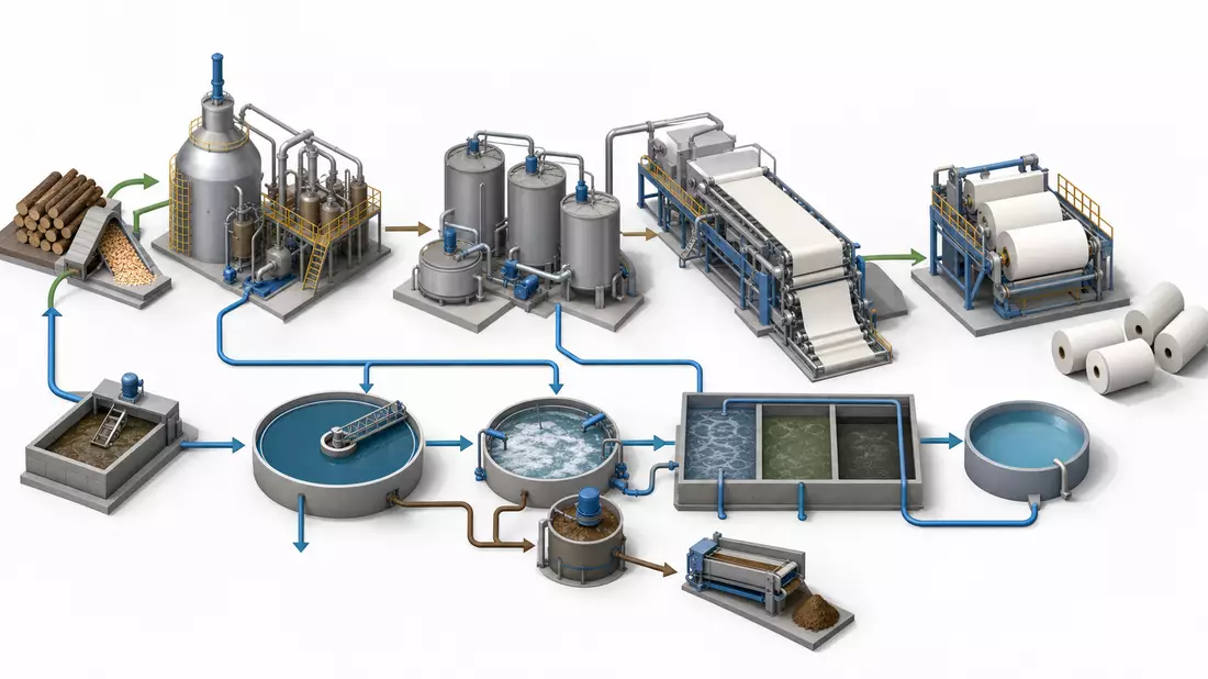 Isometrische 3D-Illustration einer Zellstoff-Prozesskette mit Tanks