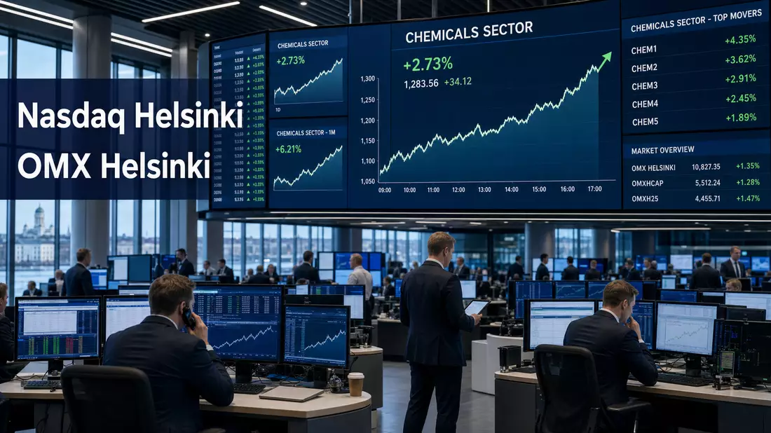 Trading-Floor mit Börsenbildschirmen und Schriftzügen Nasdaq Helsinki, OMX Helsinki