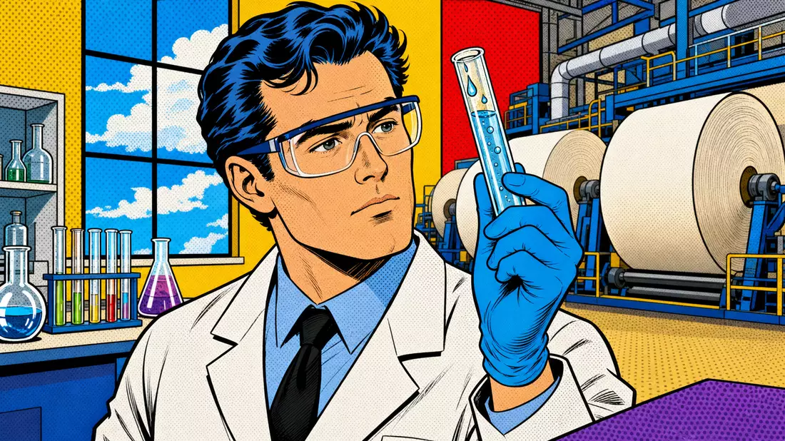 Pop-Art-Comic zeigt Wissenschaftler mit Reagenzglas, Papierrollen im Hintergrund