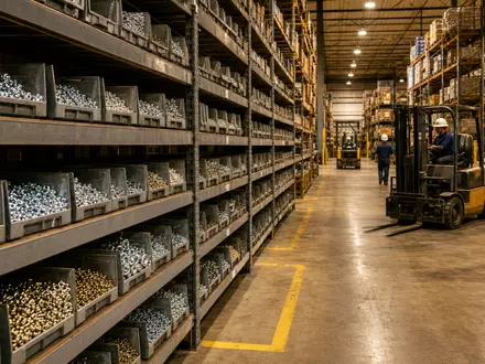 Fastenal Co. betreibt ein weitlÀufiges Industrielager mit sortierten Schrauben und Gabelstaplern, ISIN US3119001044 - Foto: THN