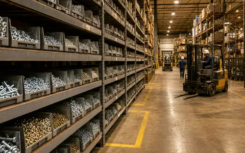 Fastenal Co. betreibt ein weitläufiges Industrielager mit sortierten Schrauben und Gabelstaplern, ISIN US3119001044 - Foto: THN