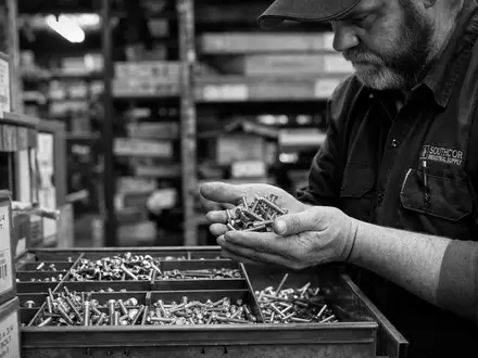 Fastenal Co. Lagerarbeiter inspiziert sorgfältig Schrauben und Bolzen in einer dokumentarischen Schwarzweiß-Aufnahme, ISIN US3119001044 - Foto: THN