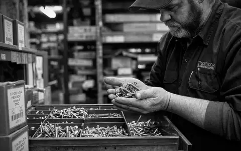 Fastenal Co. Lagerarbeiter inspiziert sorgfĂ€ltig Schrauben und Bolzen in einer dokumentarischen SchwarzweiĂ-Aufnahme, ISIN US3119001044 - Foto: THN