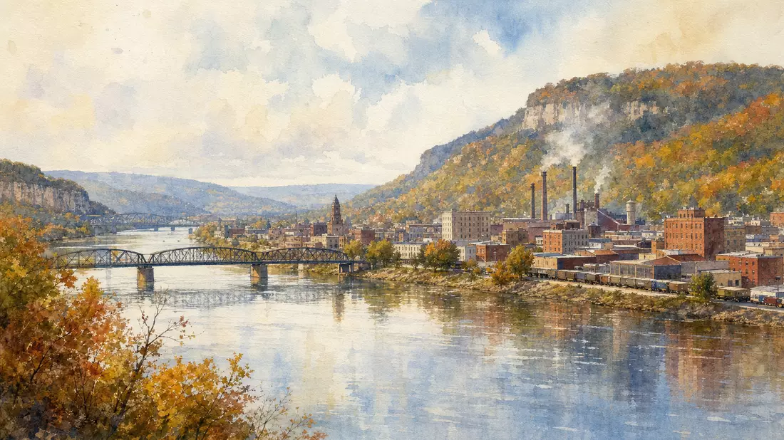 Aquarellpanorama von Winona Minnesota am Mississippi mit Brücken und Industriegebäuden