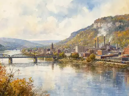 Fastenal Co. Heimatstadt Winona in Minnesota als herbstliches Aquarellpanorama am Fluss, ISIN US3119001044 - Foto: THN