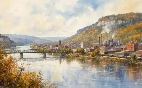 Fastenal Co. Heimatstadt Winona in Minnesota als herbstliches Aquarellpanorama am Fluss, ISIN US3119001044 - Foto: THN