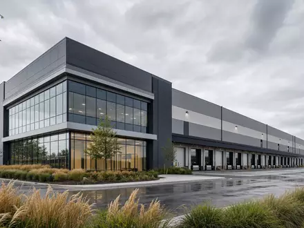 Fastenal Co. modernes Distributionszentrum mit Verladerampen als fotorealistischer Architektur-Render im Industriepark, ISIN US3119001044 - Foto: THN