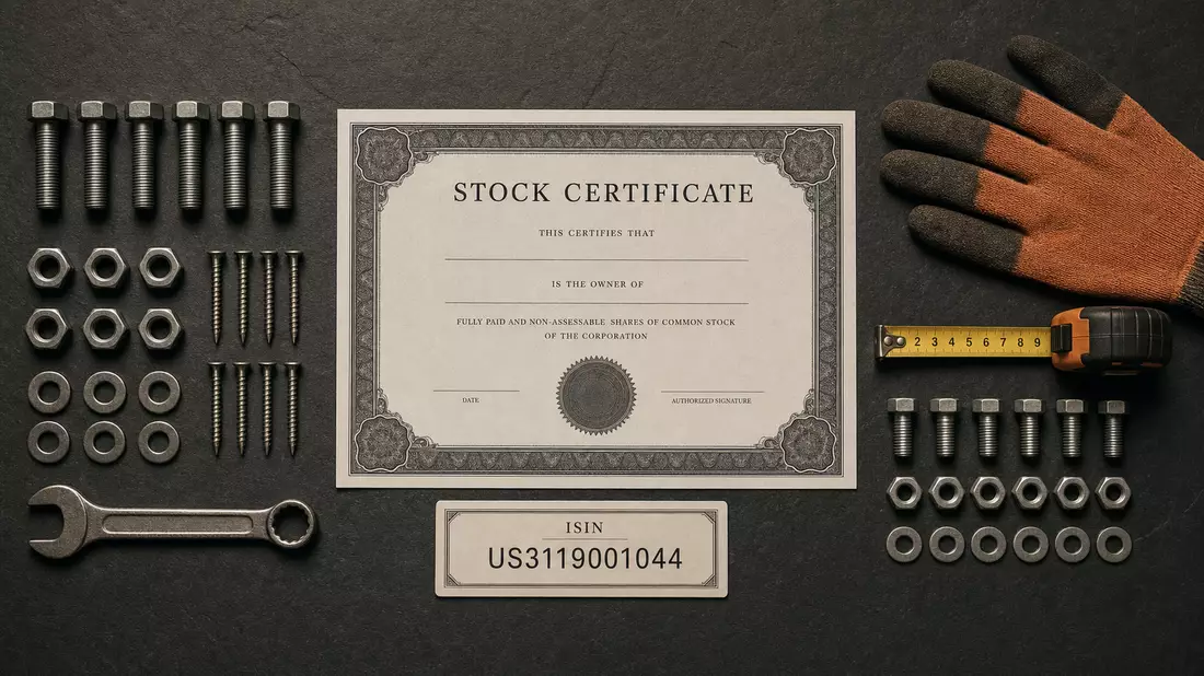 Flatlay mit Aktienzertifikat, ISIN-Karte US3119001044, Schrauben und Handwerkzeug auf Schiefer