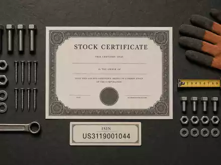 Fastenal Co. Aktienzertifikat und ISIN-Karte US3119001044 im Flatlay mit Schrauben und Werkzeug arrangiert - Foto: THN