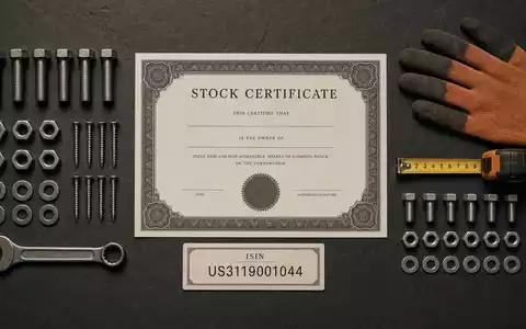 Fastenal Co. Aktienzertifikat und ISIN-Karte US3119001044 im Flatlay mit Schrauben und Werkzeug arrangiert - Foto: THN