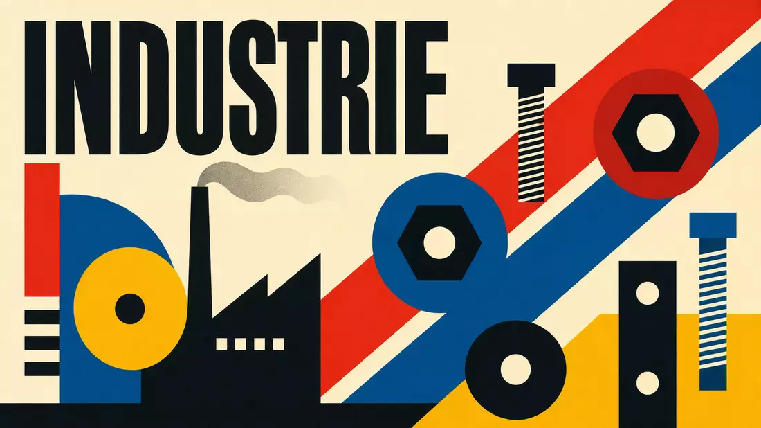 Bauhaus-Poster mit geometrischen Formen, dem Text INDUSTRIE und Schrauben in Primärfarben
