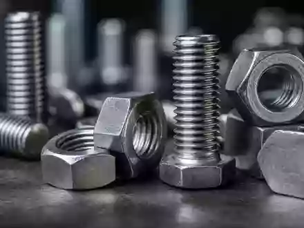 Fastenal Co. Edelstahlschrauben und Sechskantmuttern in einer dramatischen Makro-Detailaufnahme mit Tiefenschärfe, ISIN US3119001044 - Foto: THN
