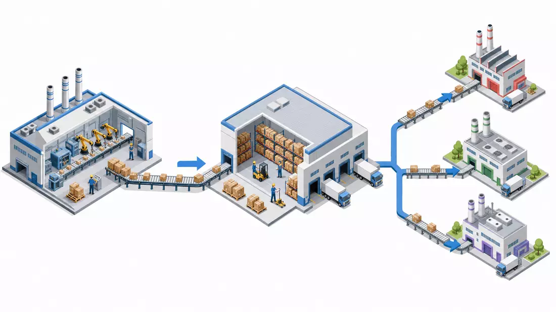 Isometrische 3D-Illustration der industriellen Lieferkette von Hersteller über Lager zu Kunden