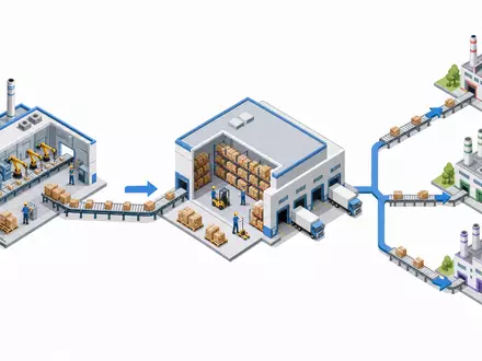 Fastenal Co. Lieferkette als isometrisches 3D-Prozessdiagramm von Hersteller zu Kunden, ISIN US3119001044 - Foto: THN