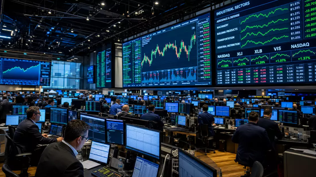NASDAQ-Handelsparkett mit leuchtenden Industriesektor-Charts auf Großbildschirmen und Händlern
