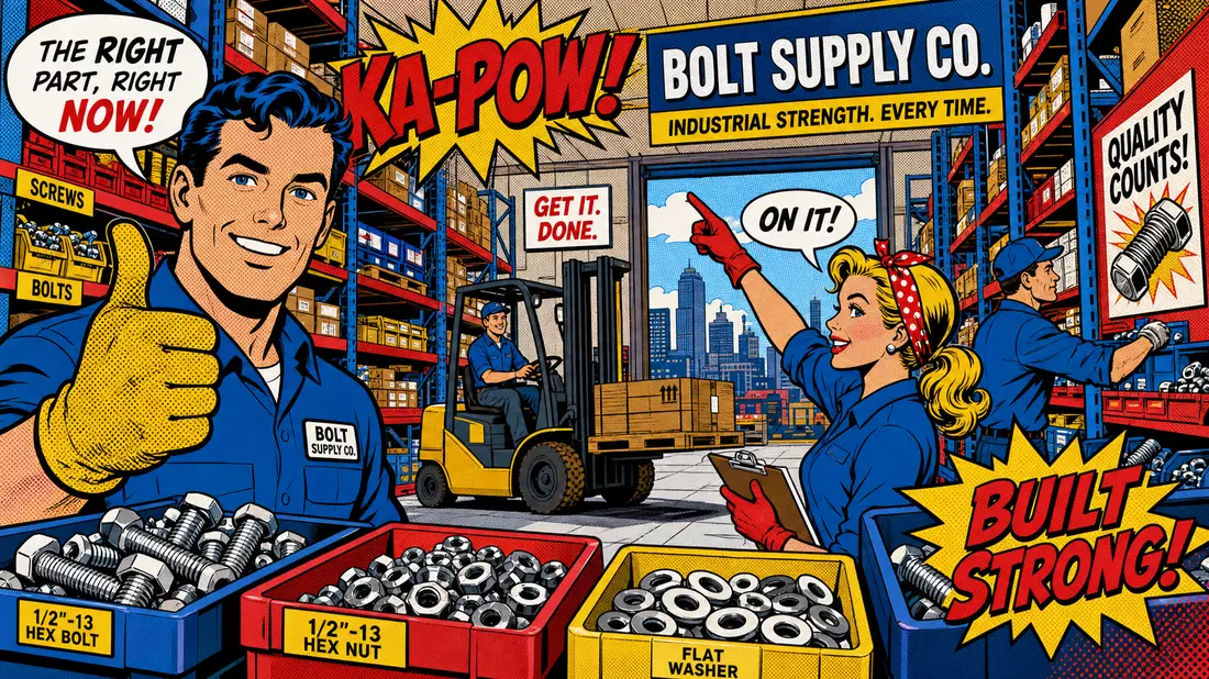 Pop-Art-Comic-Szene eines farbigen Industrielagers mit Arbeitern, Schrauben und Sprechblasen