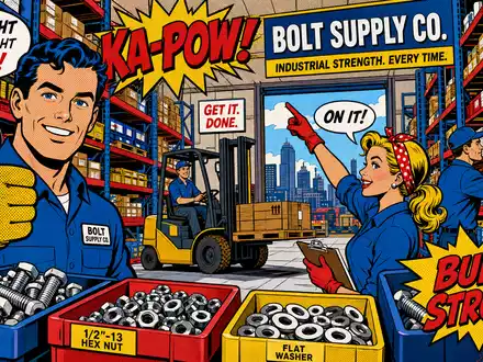 Fastenal Co. Lager als farbenfrohe Pop-Art-Comic-Szene mit Arbeitern und Industrie-Schrauben, ISIN US3119001044 - Foto: THN