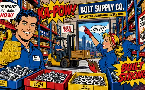 Fastenal Co. Lager als farbenfrohe Pop-Art-Comic-Szene mit Arbeitern und Industrie-Schrauben, ISIN US3119001044 - Foto: THN