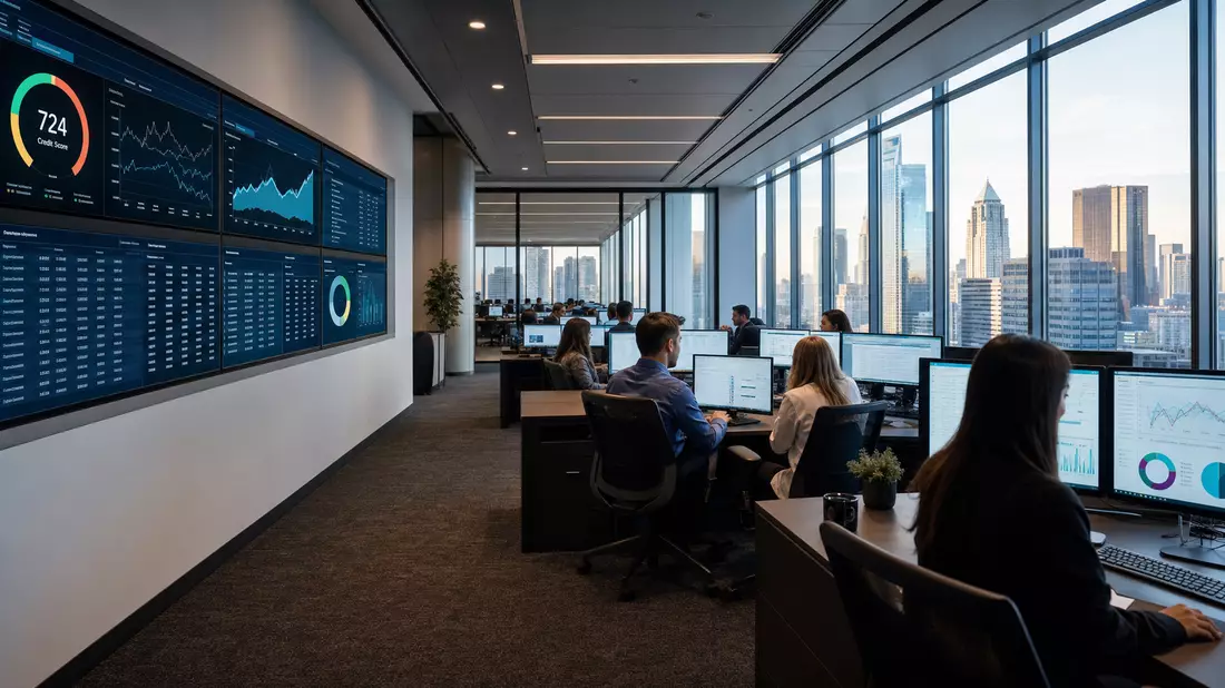 Fotorealistisches Analysebüro von Fair Isaac Corp. mit Kreditdaten-Dashboards und Stadtpanorama