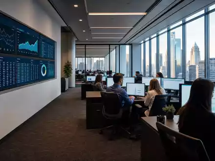Fair Isaac Corp. US3032501047 zeigt modernes Analyse Büro mit Kredit Dashboards auf großen Monitoren - Foto: THN