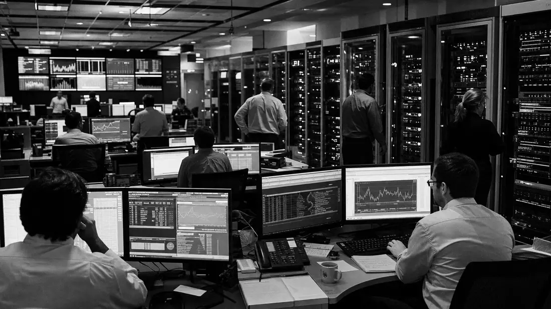 Schwarzweiß-Reportage von Fair Isaac Corp.: Analysten im Rechenzentrum-Kontrollraum mit Serverracks