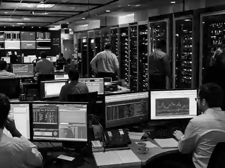 Fair Isaac Corp. US3032501047 Schwarz Weiß Reportage eines Finanz Rechenzentrums mit Technikern und Serverracks - Foto: THN