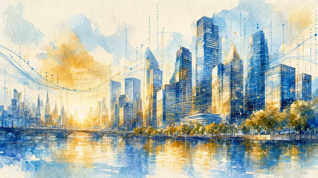 Aquarell-Illustration Finanzmetropole für Fair Isaac Corp. US3032501047 mit blau-goldenem Farbverlauf
