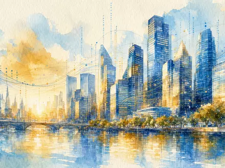 Fair Isaac Corp. US3032501047 Aquarell Stadtbild mit Finanz Skyline und abstrakten digitalen Daten Elementen - Foto: THN