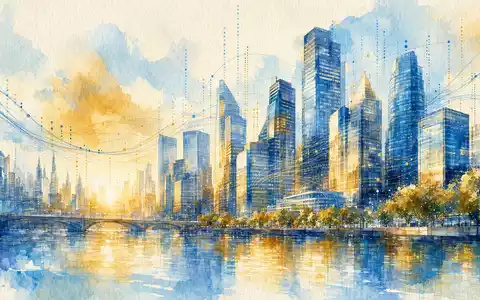 Fair Isaac Corp. US3032501047 Aquarell Stadtbild mit Finanz Skyline und abstrakten digitalen Daten Elementen - Foto: THN