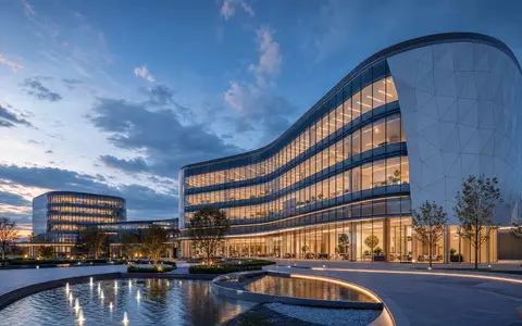 Fair Isaac Corp. US3032501047 CGI Render moderner Software Campus mit Glas Fassade bei Abend Dämmerung - Foto: THN