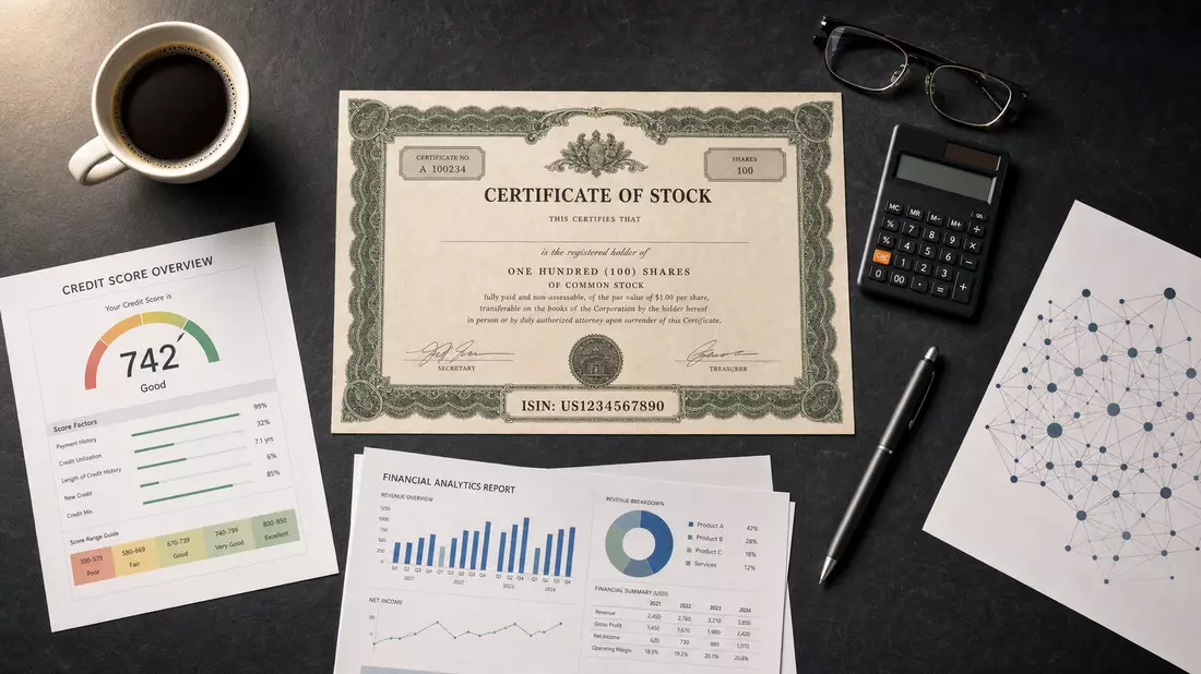 Flatlay-Arrangement Fair Isaac Corp. US3032501047: Aktienzertifikat, Kreditscorecard und Analyseberichte