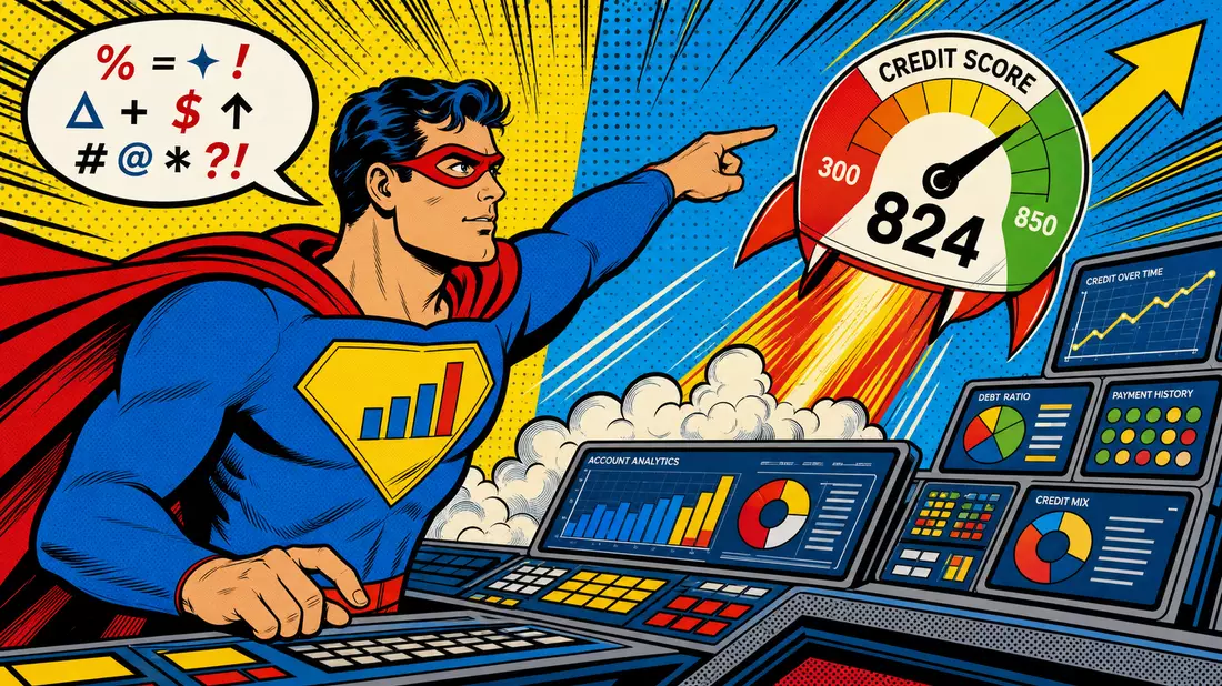 Pop-Art-Comic Fair Isaac Corp. US3032501047: Analyst-Superheld zeigt auf steigendes Kredit-Scoring-Meter