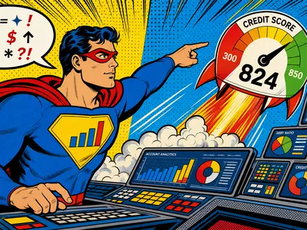Fair Isaac Corp. US3032501047 Pop Art Comic zeigt Analyse Superheld mit steigendem Kredit Score Meter - Foto: THN