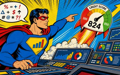Fair Isaac Corp. US3032501047 Pop Art Comic zeigt Analyse Superheld mit steigendem Kredit Score Meter - Foto: THN