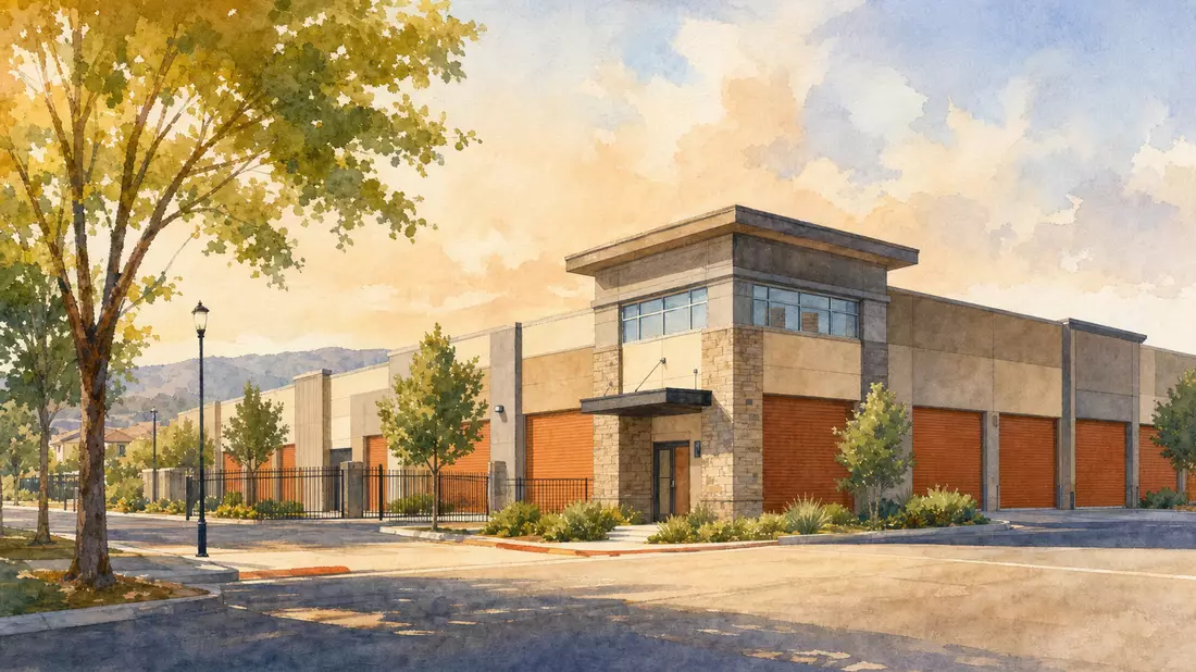 Aquarellmalerei eines modernen Self-Storage-Gebäudes mit orangefarbenen Toren und Bäumen