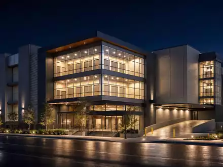 Extra Space Storage zeigt ein modernes mehrstöckiges Lagergebäude als CGI-Nachtrender des US-Immobilien-REIT US30225T1025 - Foto: THN