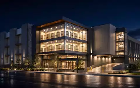 Extra Space Storage zeigt ein modernes mehrstöckiges Lagergebäude als CGI-Nachtrender des US-Immobilien-REIT US30225T1025 - Foto: THN