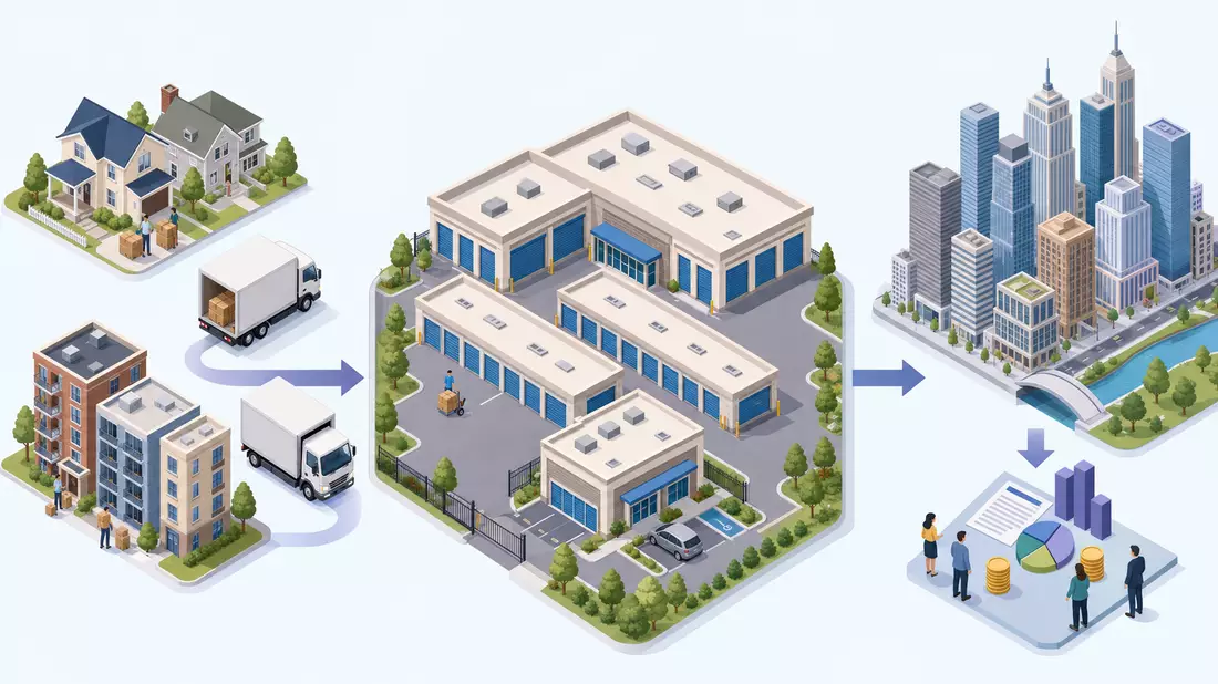 Isometrisches 3D-Prozessdiagramm der Self-Storage-Wertschöpfungskette mit Häusern und Lageranlage