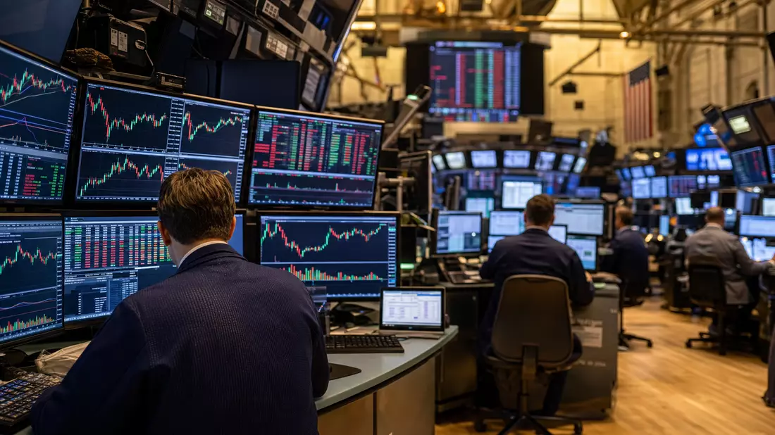 NYSE-Handelssaal mit Tradern und mehreren Bildschirmen mit REIT-Sektorgrafiken