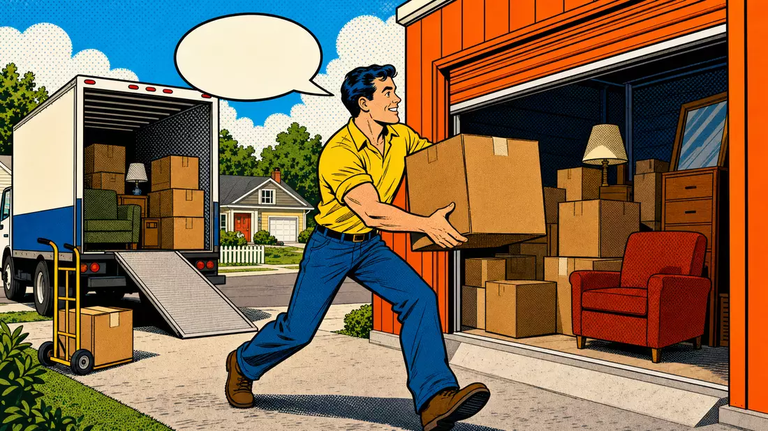 Pop-Art-Comic einer Umzugsszene mit Person, Kartons und orangefarbener Lagereinheit