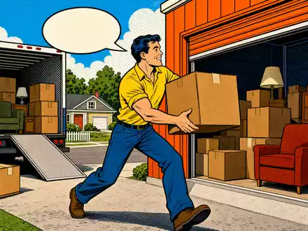 Extra Space Storage Pop-Art-Comic zeigt farbige Umzugsszene mit orangefarbener Lagereinheit, ISIN US30225T1025 - Foto: THN
