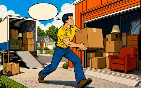 Extra Space Storage Pop-Art-Comic zeigt farbige Umzugsszene mit orangefarbener Lagereinheit, ISIN US30225T1025 - Foto: THN