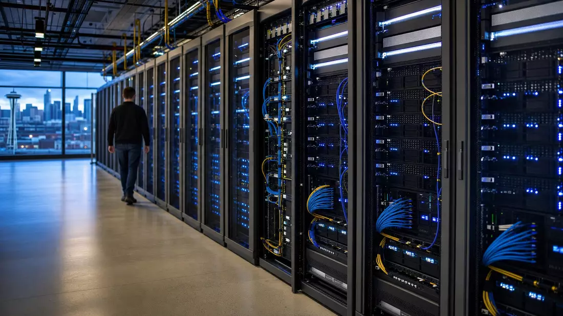 Modernes Rechenzentrum von F5 Inc. mit beleuchteten Serverracks und Netzwerktechniker in Seattle